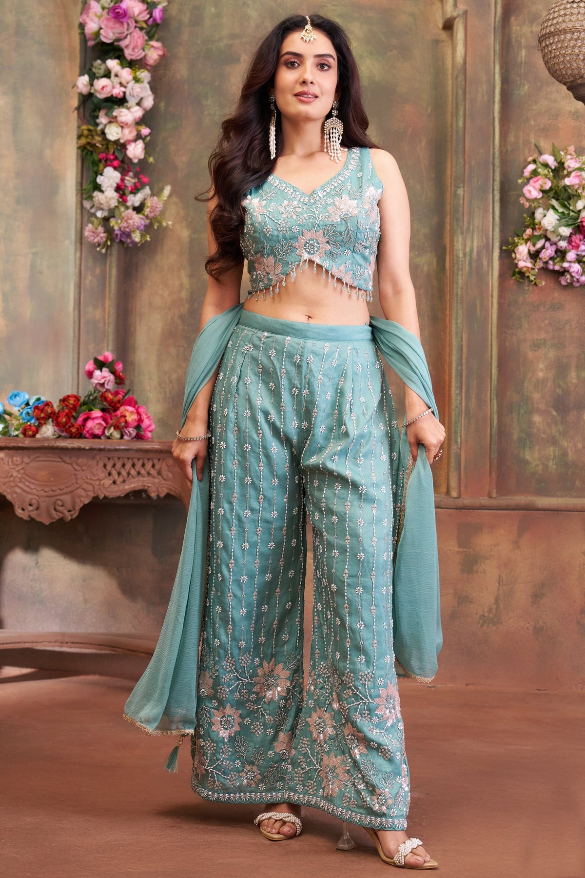 Sky Blue Glass Tissue Cutdana and Sequin Worked Crop Top Palazzo Set