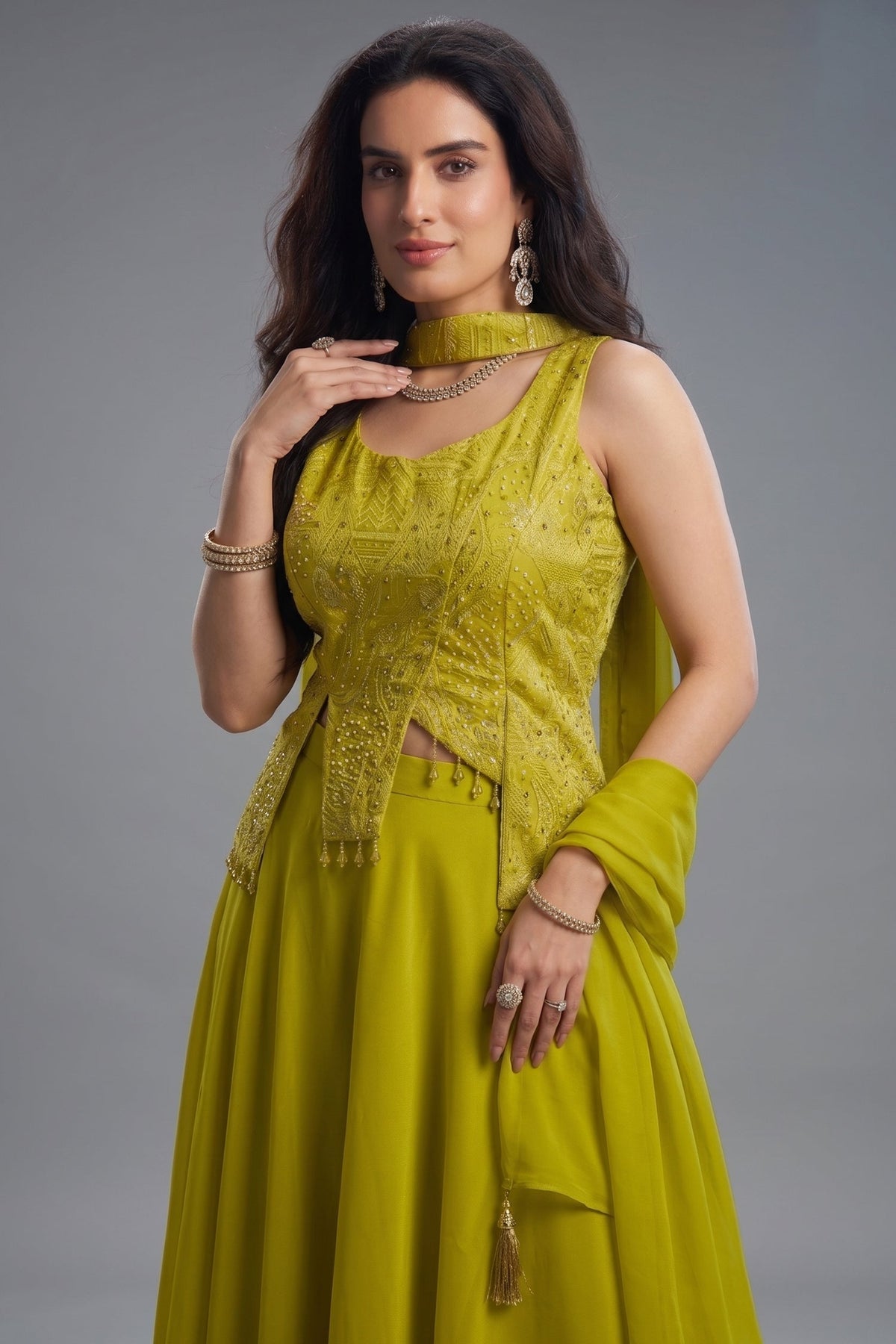 Lime Green Art Silk Asymmetrical Top and Palazzo Set