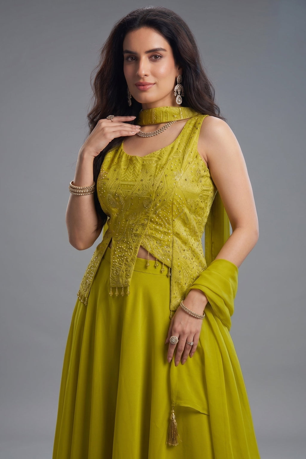 Lime Green Art Silk Asymmetrical Top and Palazzo Set