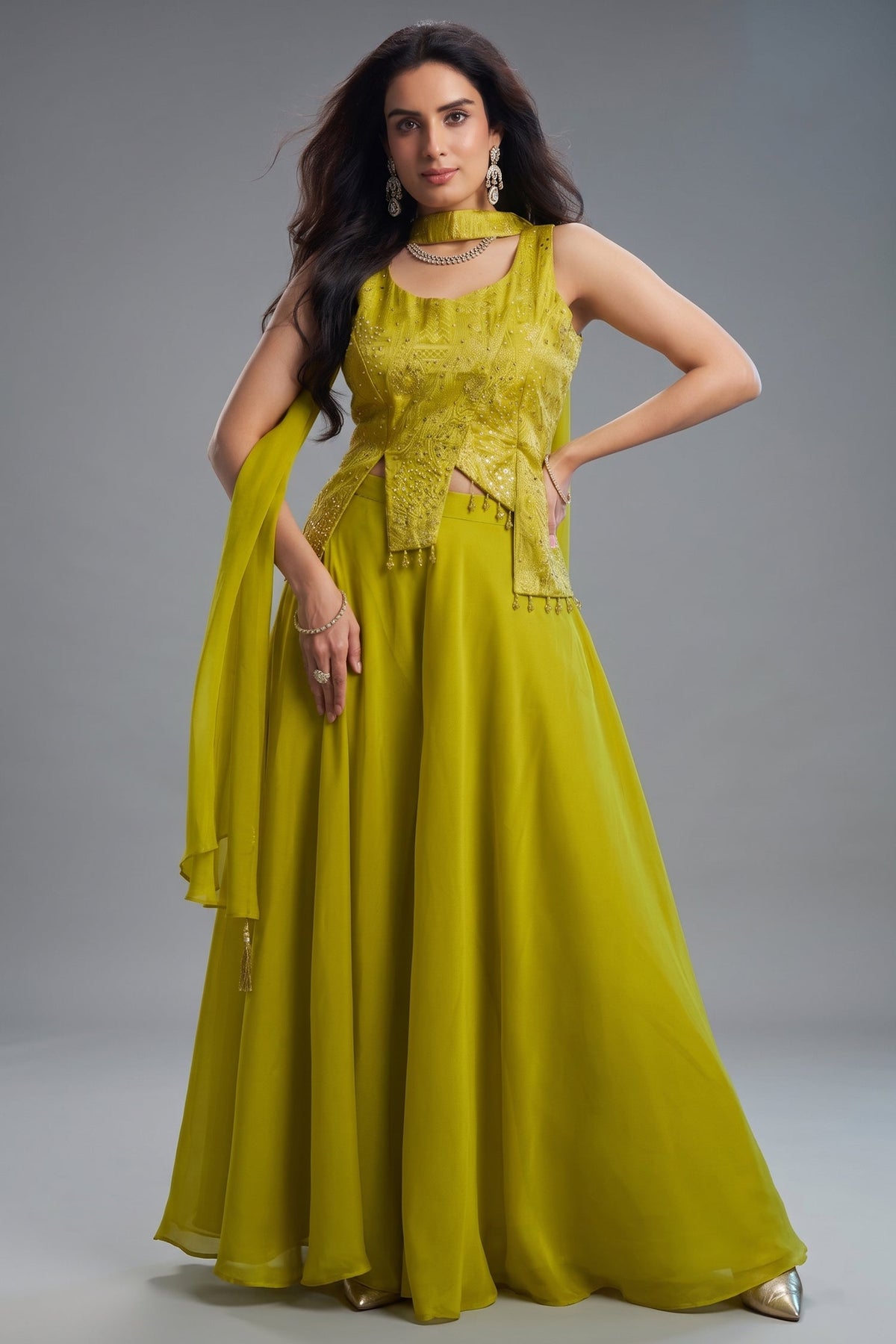 Lime Green Art Silk Asymmetrical Top and Palazzo Set