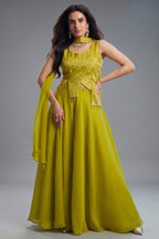Lime Green Art Silk Asymmetrical Top and Palazzo Set