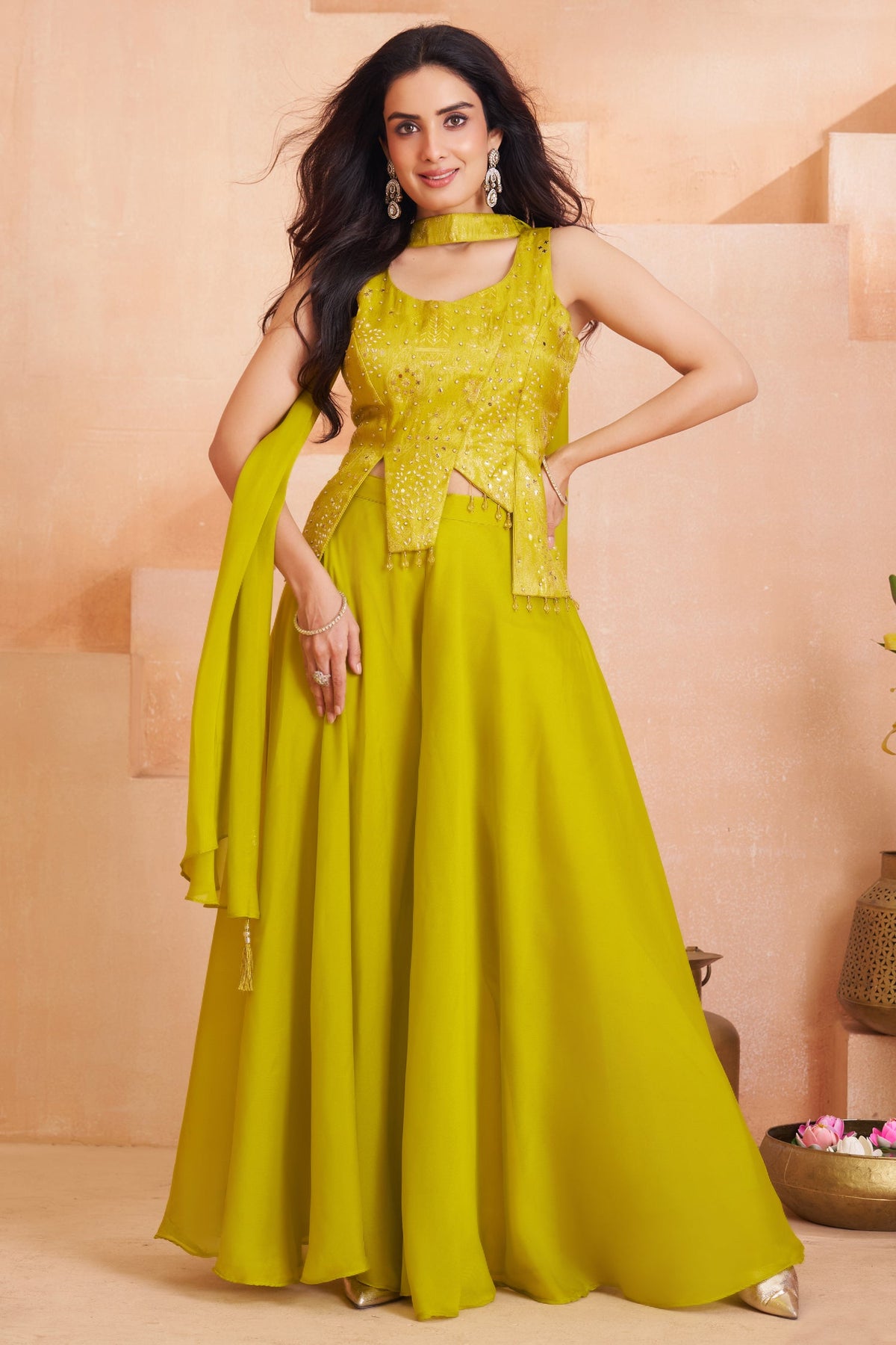 Lime Green Art Silk Asymmetrical Top and Palazzo Set