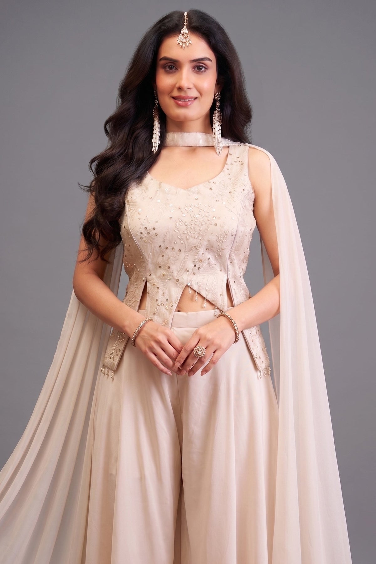 Off White Art Silk Asymmetrical Top and Palazzo Suit
