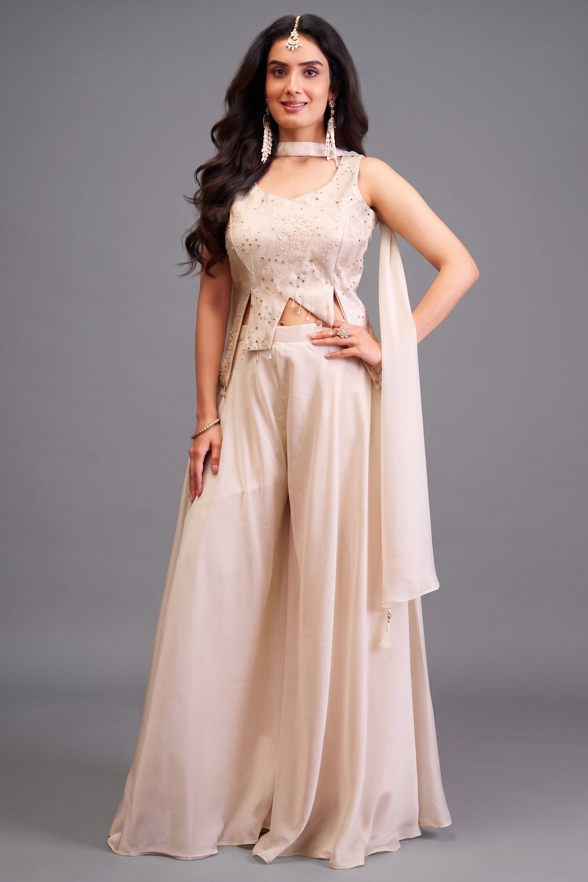 Off White Art Silk Asymmetrical Top and Palazzo Suit