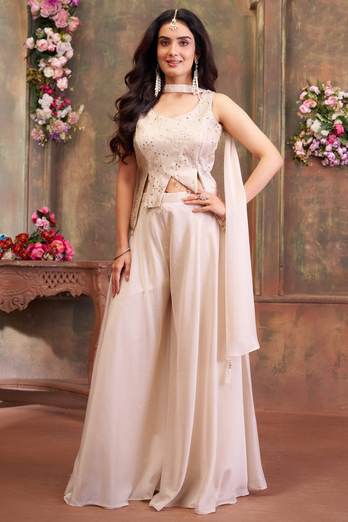 Off White Art Silk Asymmetrical Top and Palazzo Suit