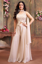 Off White Art Silk Asymmetrical Top and Palazzo Suit