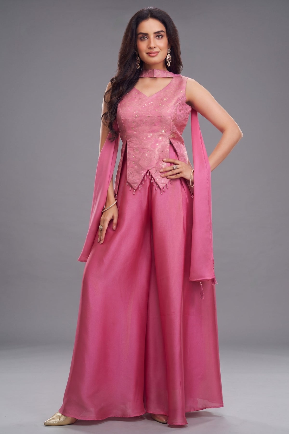 Light Pink Art Silk Asymmetrical Top and Palazzo Suit