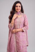 Mauve Pink Tissue Silk Thread Embroidered Straight Cut Suit