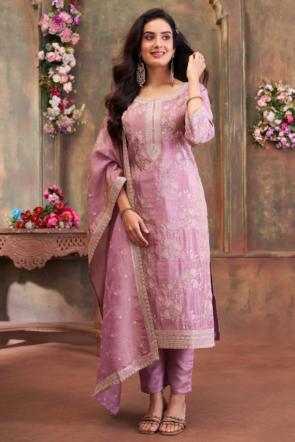 Mauve Pink Tissue Silk Thread Embroidered Straight Cut Suit