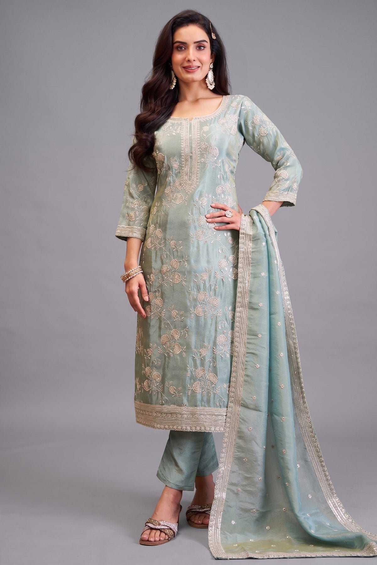Light Pista Green Tissue Thread Embroidered Straight Cut Suit