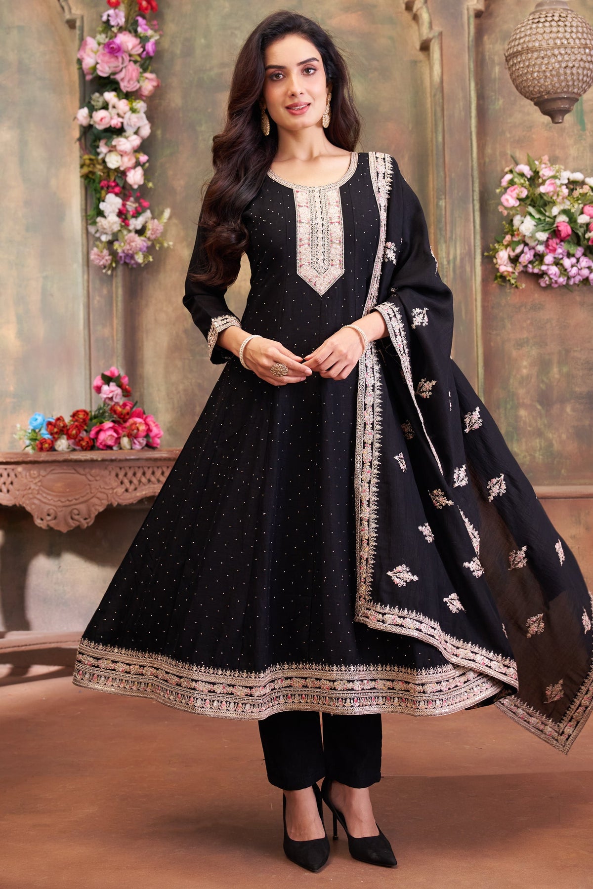 Black Art Silk Embroidered Anarkali Suit