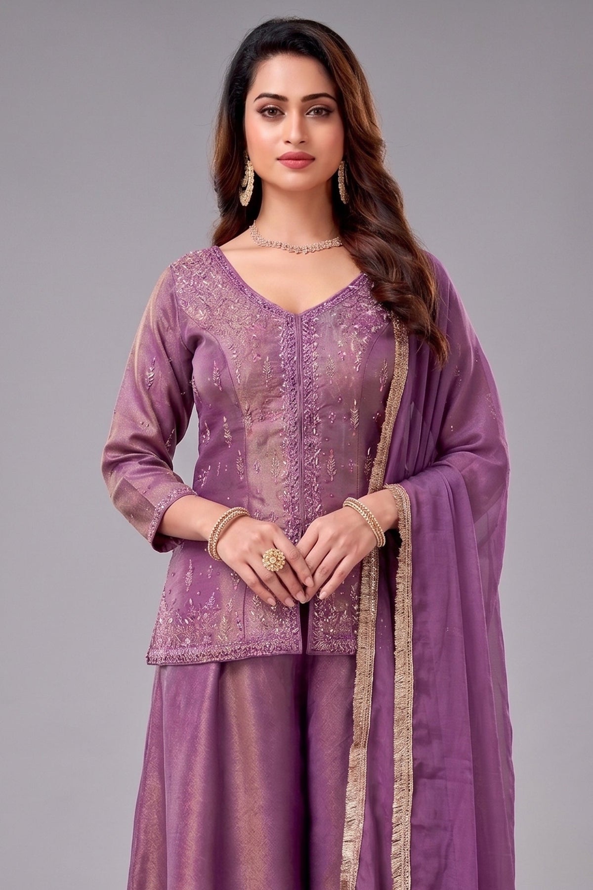Deep Mauve Purple Tissue Silk Mirror Embroidered Palazzo Suit