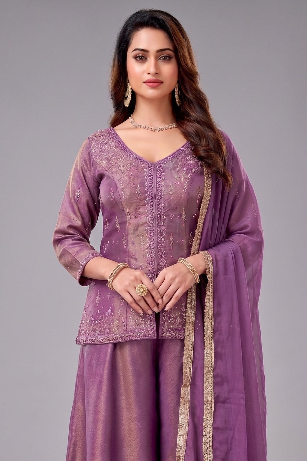 Deep Mauve Purple Tissue Silk Mirror Embroidered Palazzo Suit