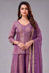 Deep Mauve Purple Tissue Silk Mirror Embroidered Palazzo Suit