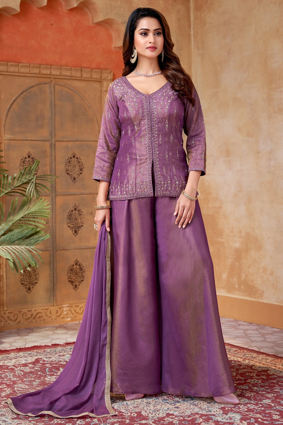 Deep Mauve Purple Tissue Silk Mirror Embroidered Palazzo Suit