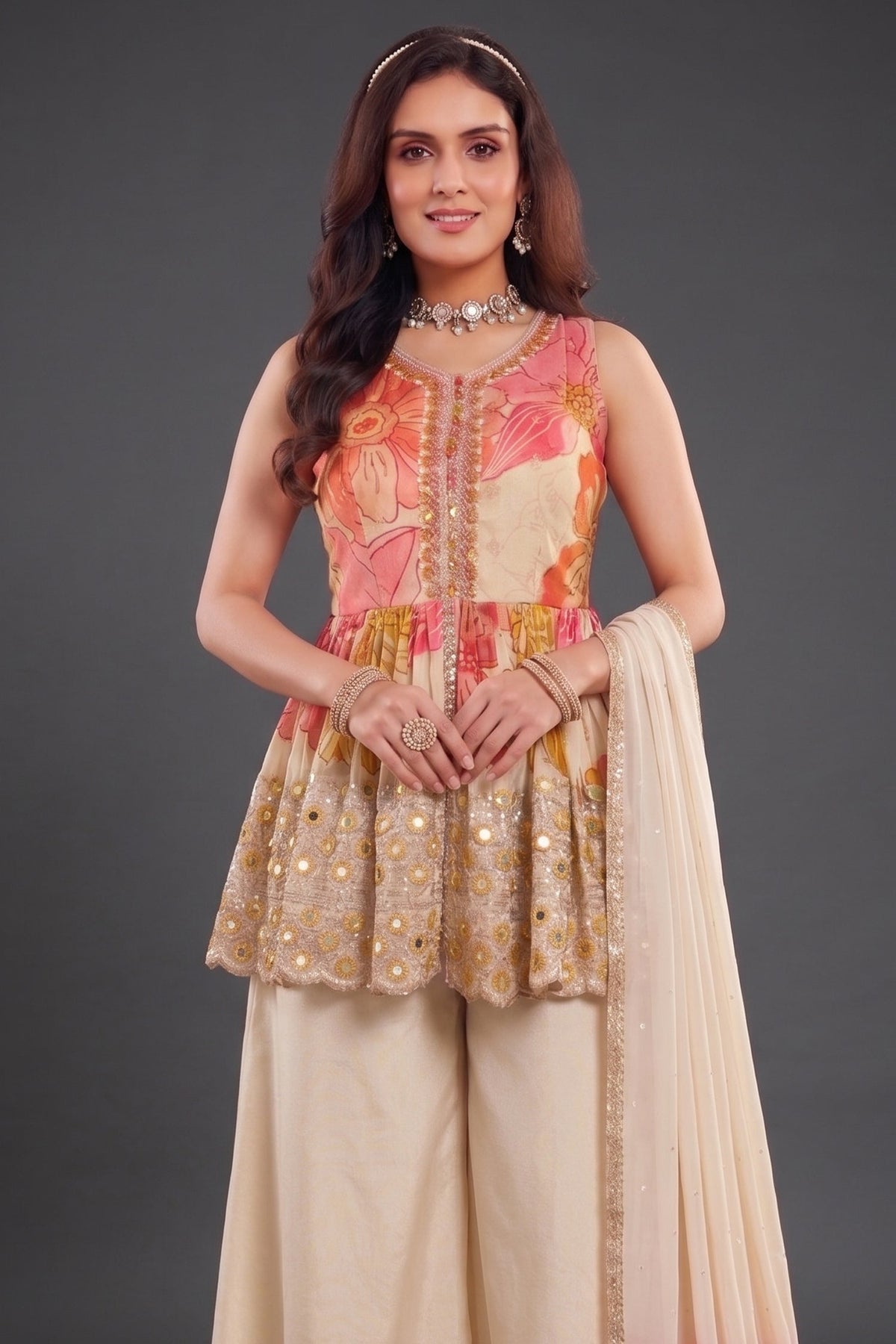 Cream Chinon Crepe Silk Floral Printed Peplum Mirror Worked Palazzo Suit