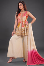 Cream Chinon Crepe Silk Floral Printed Peplum Mirror Worked Palazzo Suit