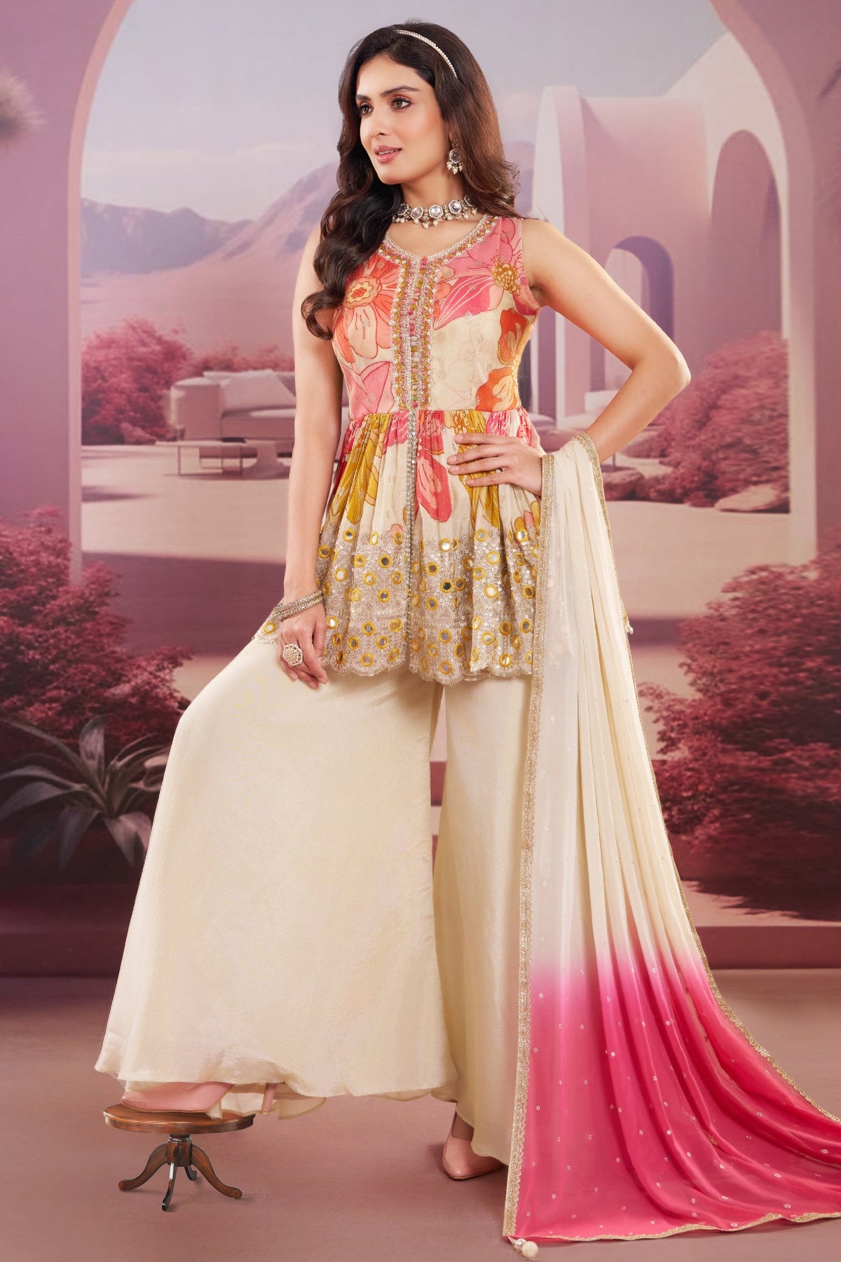 Cream Chinon Crepe Silk Floral Printed Peplum Mirror Worked Palazzo Suit