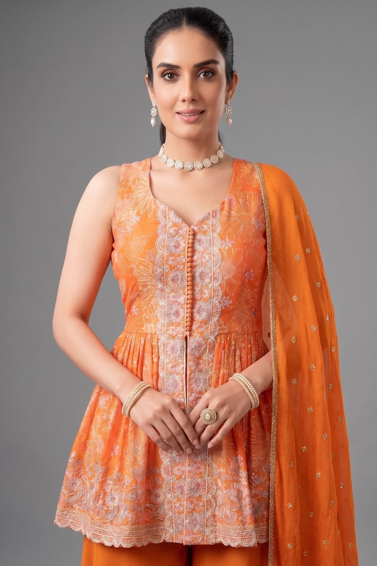 Orange Chinon Chiffon Silk Printed Peplum Palazzo Suit
