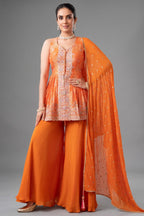 Orange Chinon Chiffon Silk Printed Peplum Palazzo Suit