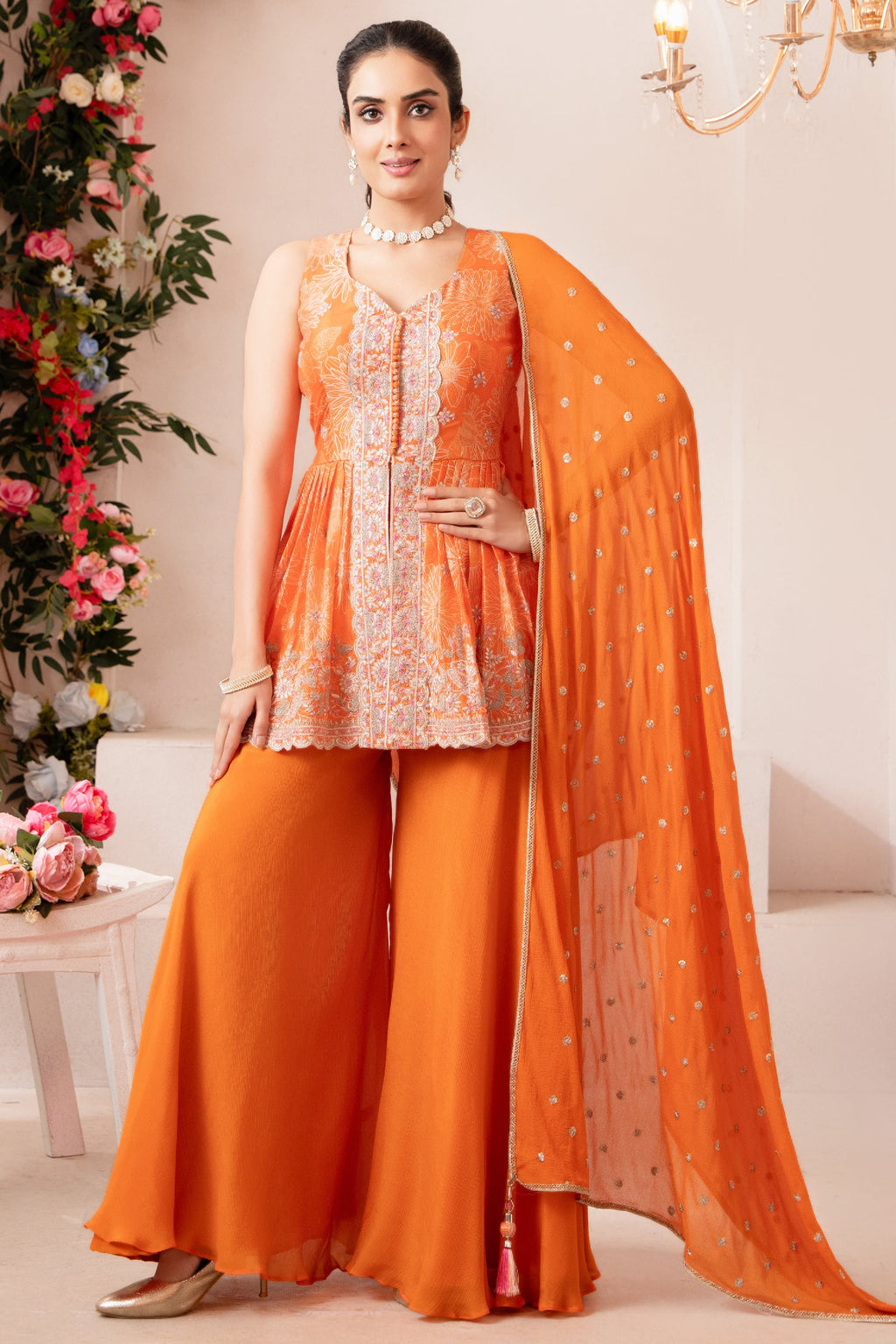 Orange Chinon Chiffon Silk Printed Peplum Palazzo Suit