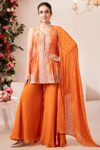 Orange Chinon Chiffon Silk Printed Peplum Palazzo Suit