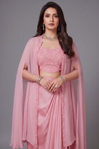 Light Pink Organza Sequin and Cutdana Worked Crop Top and Skirt with Cape Jacket