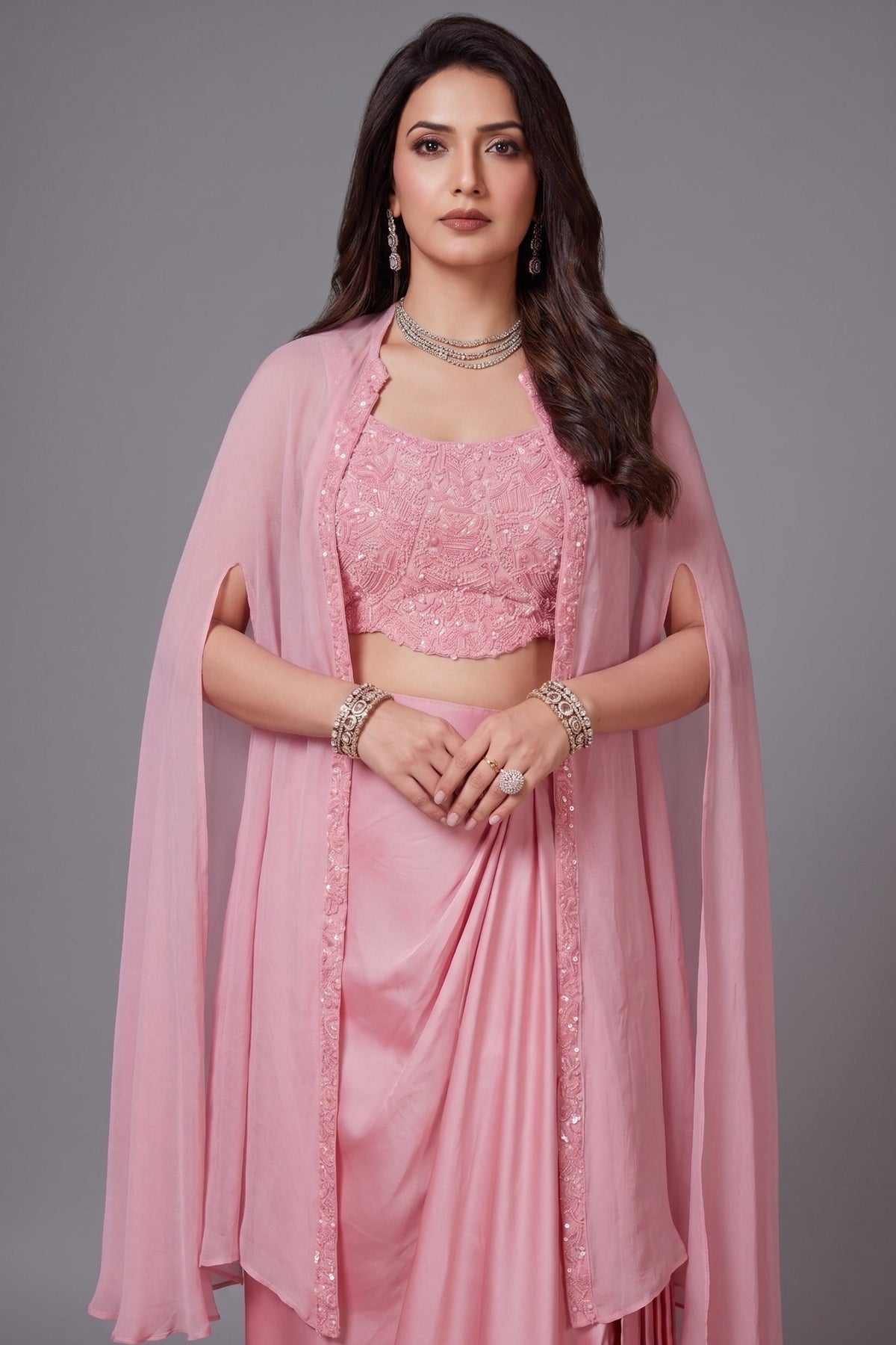Light Pink Organza Sequin and Cutdana Worked Crop Top and Skirt with Cape Jacket