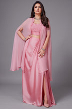 Light Pink Organza Sequin and Cutdana Worked Crop Top and Skirt with Cape Jacket