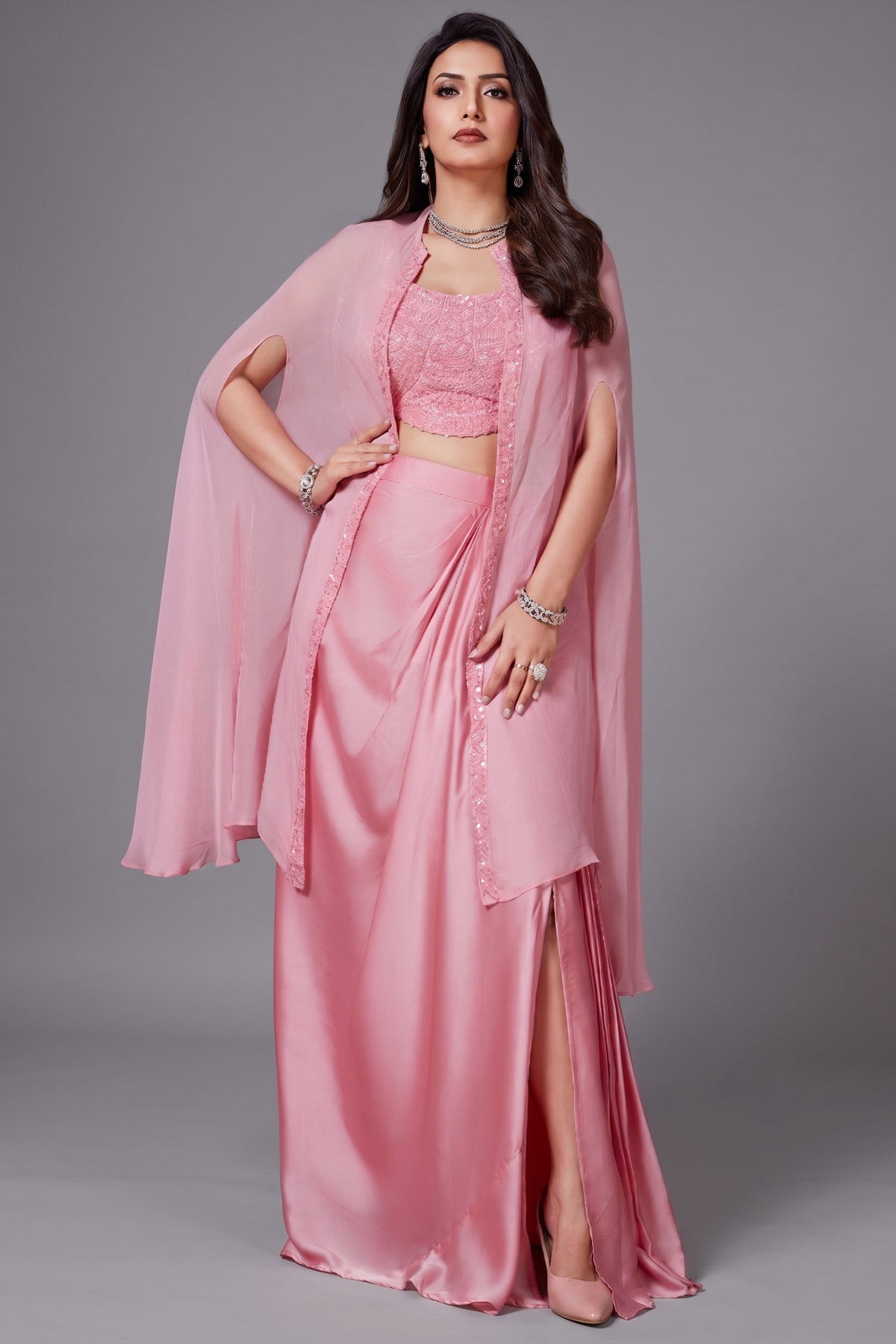 Light Pink Organza Sequin and Cutdana Worked Crop Top and Skirt with Cape Jacket