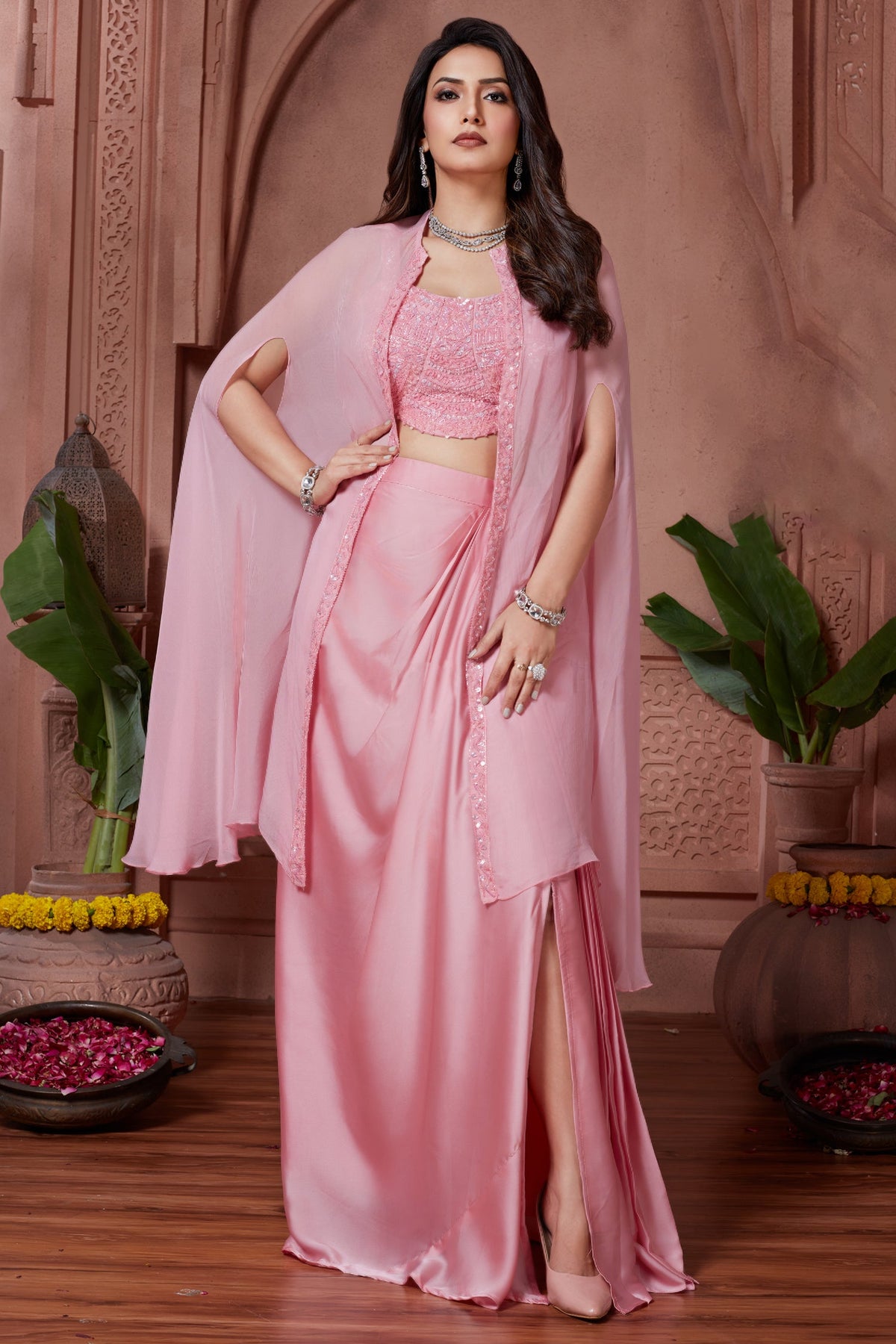 Light Pink Organza Sequin and Cutdana Worked Crop Top and Skirt with Cape Jacket
