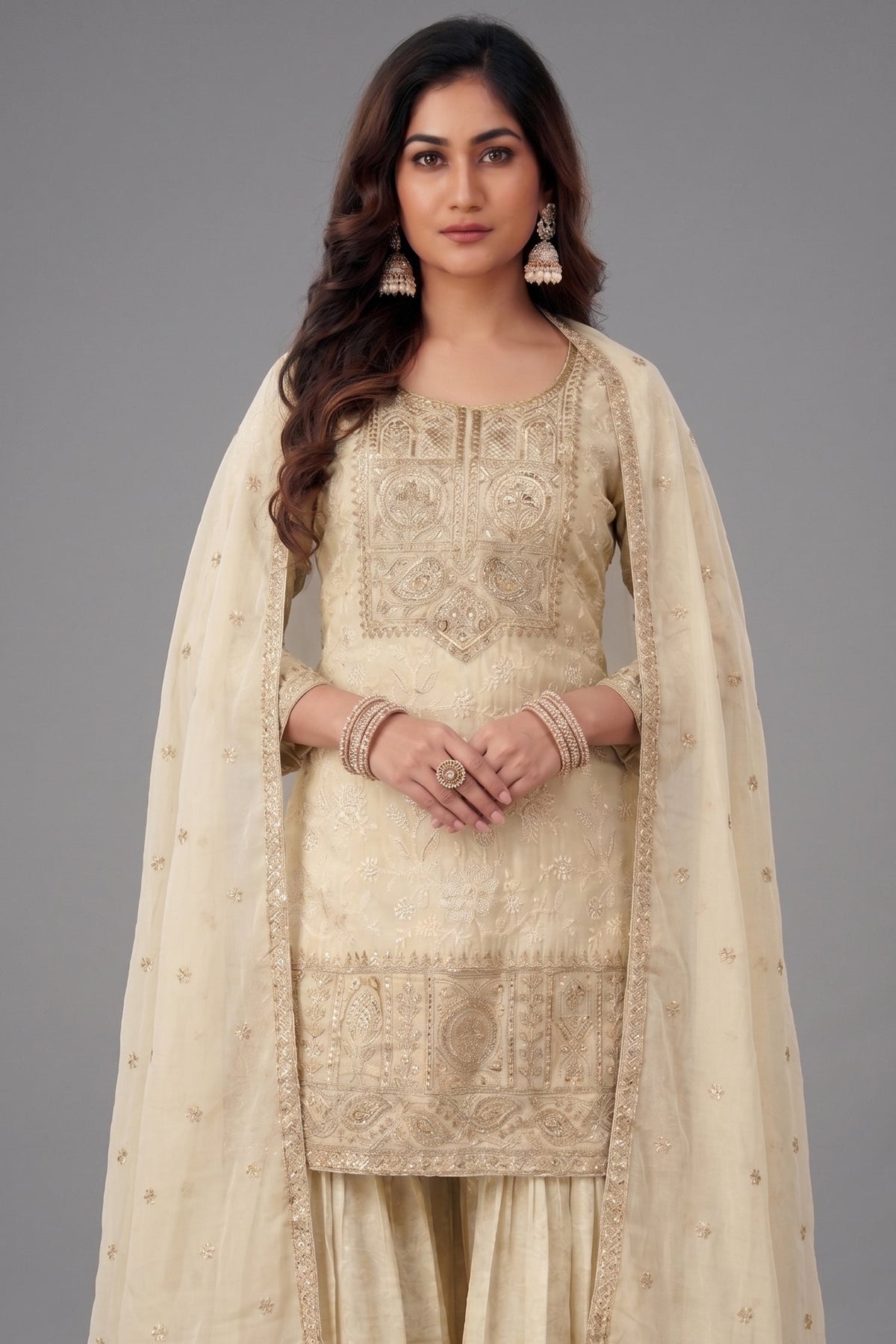 Cream Tissue Lucknowi Embroidered Sharara Suit with Sequin Work