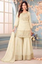 Cream Tissue Lucknowi Embroidered Sharara Suit with Sequin Work
