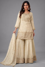 Cream Tissue Lucknowi Embroidered Sharara Suit with Sequin Work