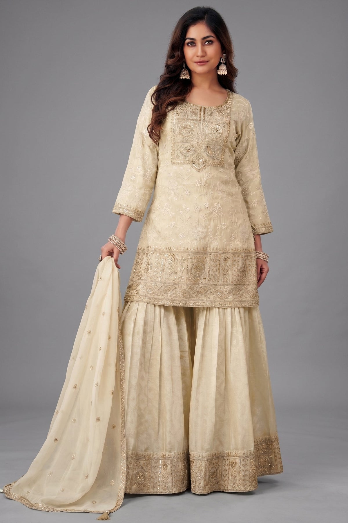 Cream Tissue Lucknowi Embroidered Sharara Suit with Sequin Work