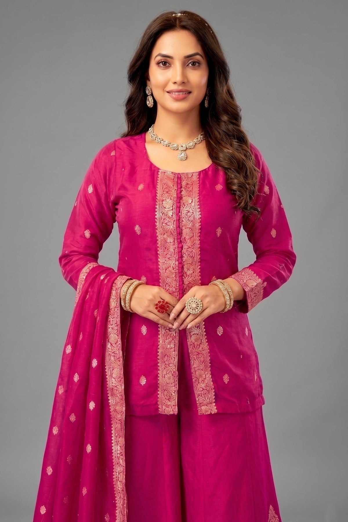 Rani Pink Organza Woven Palazzo Suit