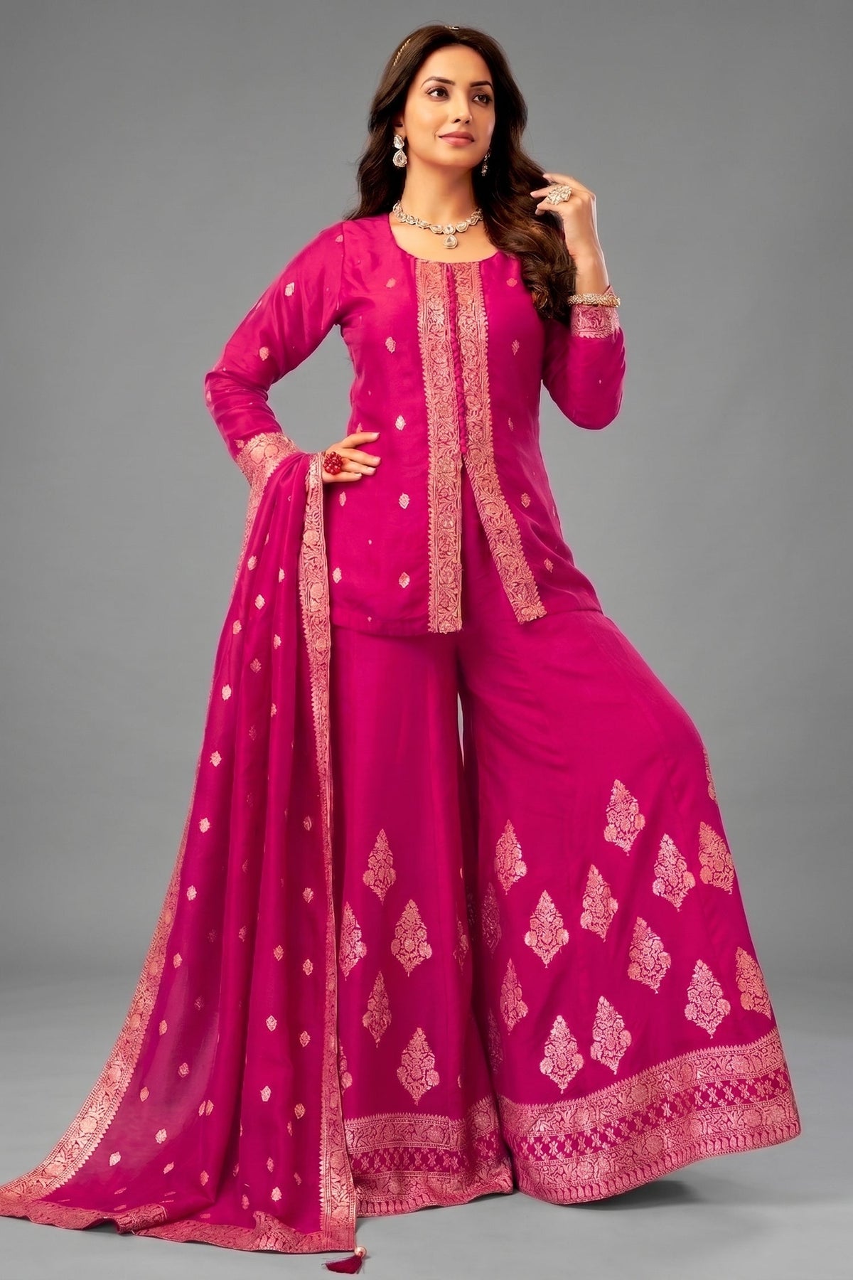 Rani Pink Organza Woven Palazzo Suit