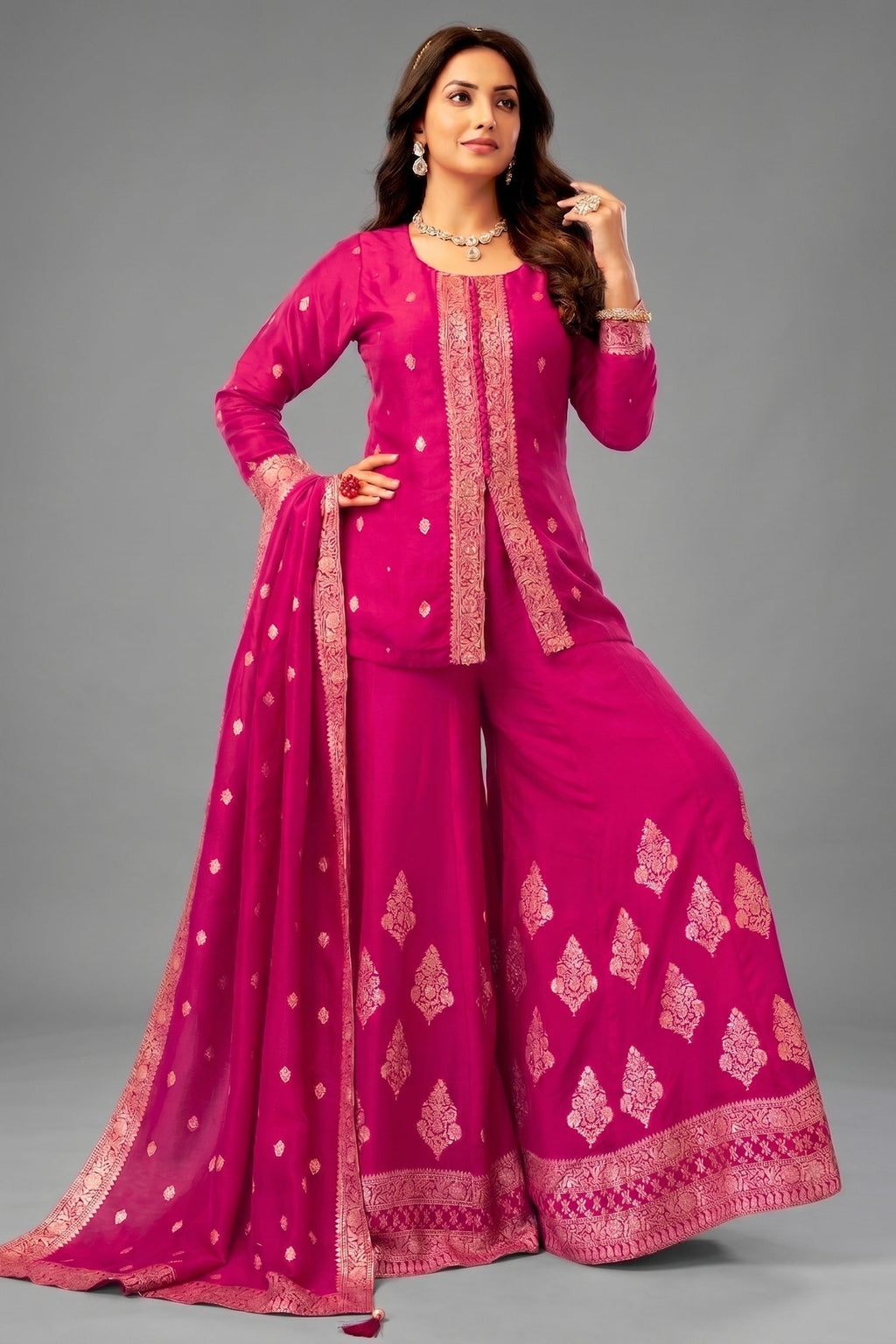 Rani Pink Organza Woven Palazzo Suit