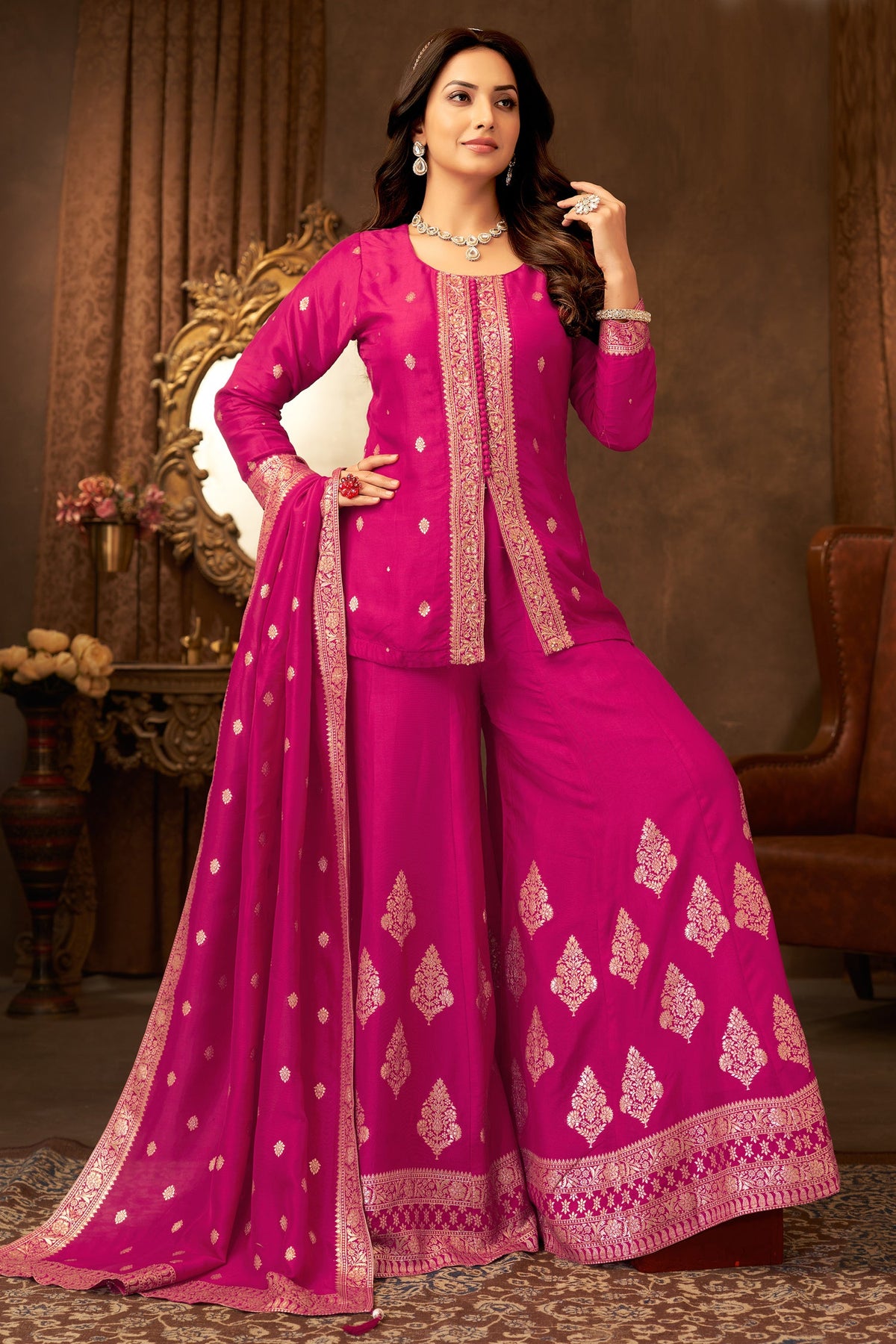 Rani Pink Organza Woven Palazzo Suit