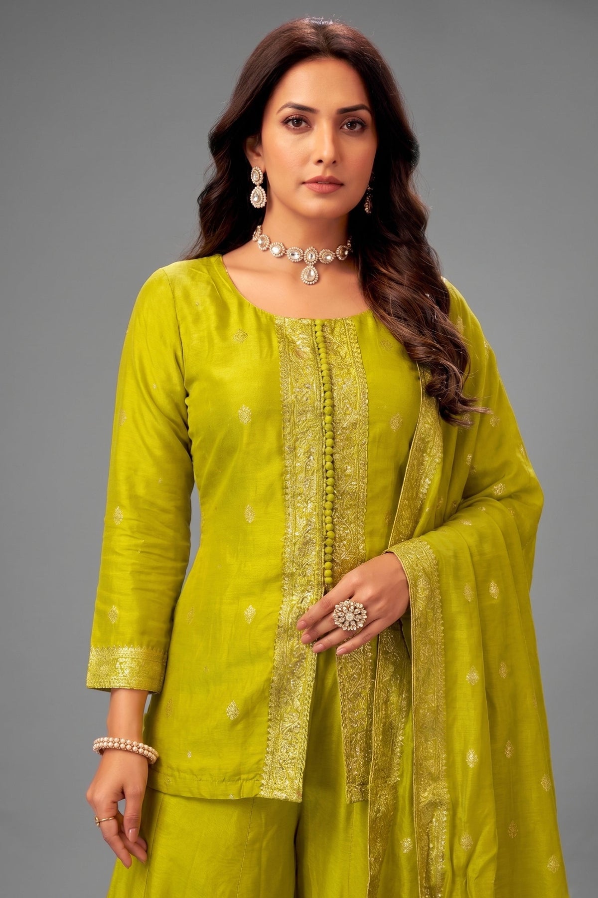 Olive Green Organza Woven Palazzo Suit