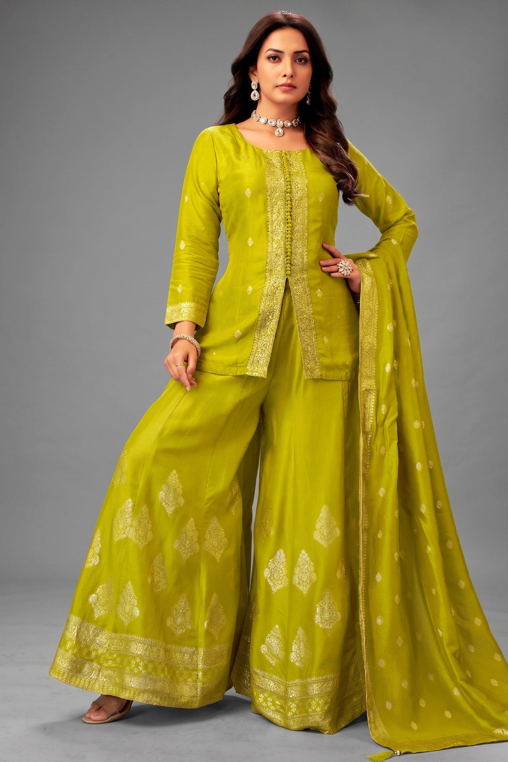 Olive Green Organza Woven Palazzo Suit