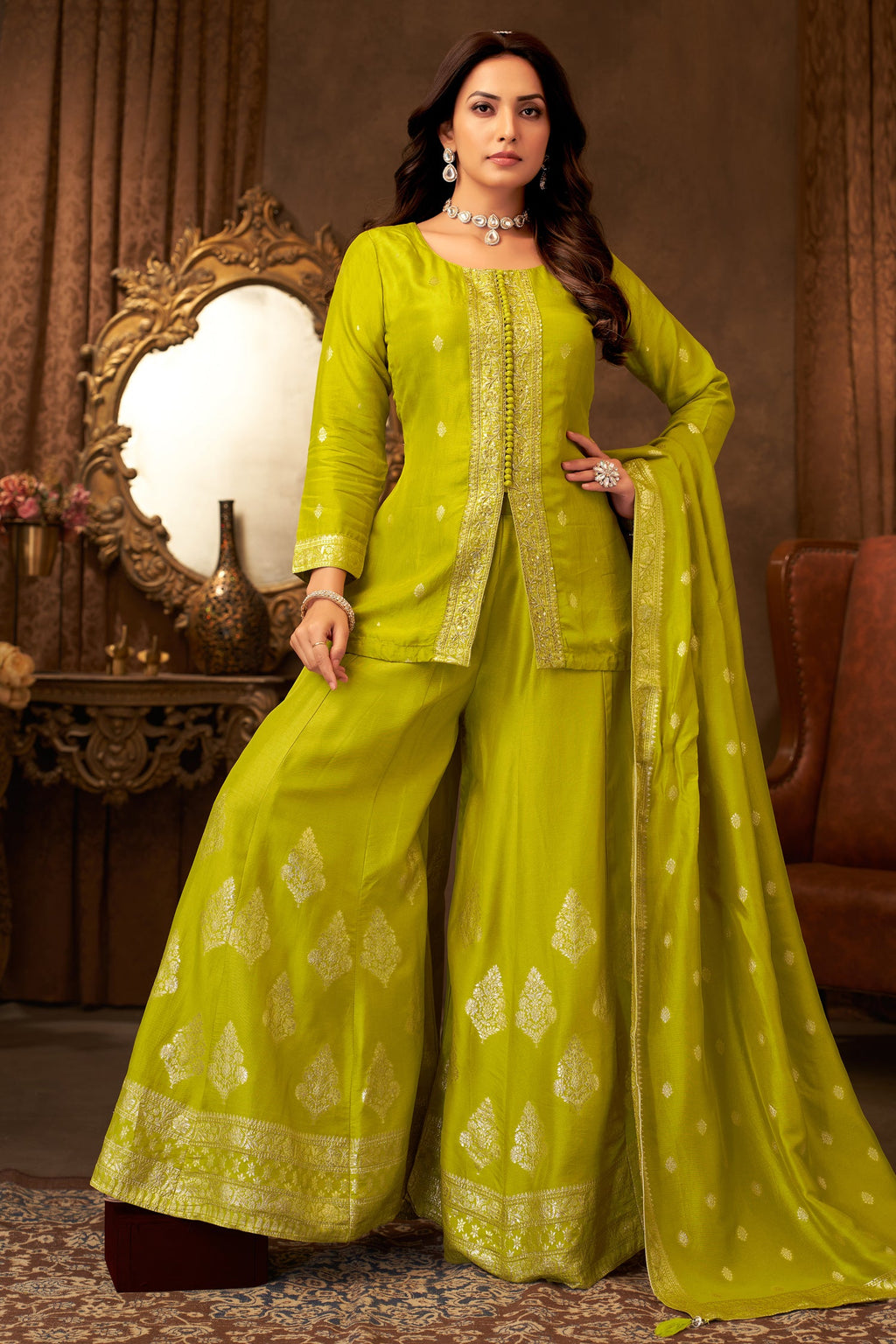 Olive Green Organza Woven Palazzo Suit
