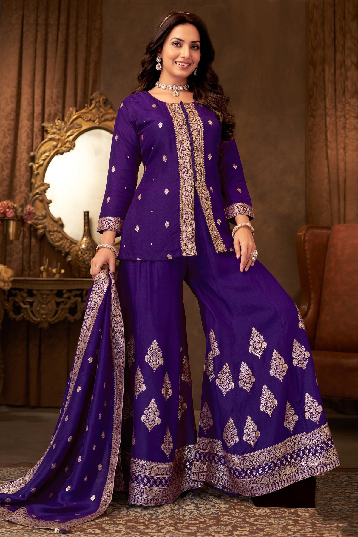 Indigo Purple Organza Woven Palazzo Suit