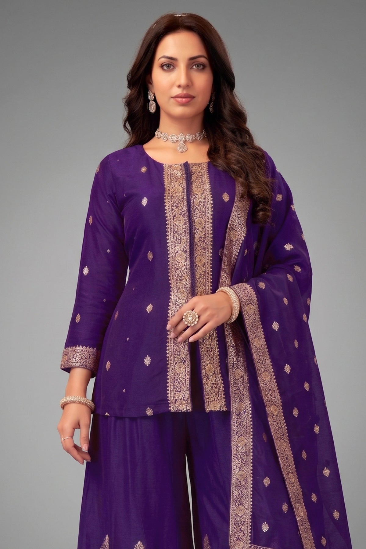 Indigo Purple Organza Woven Palazzo Suit