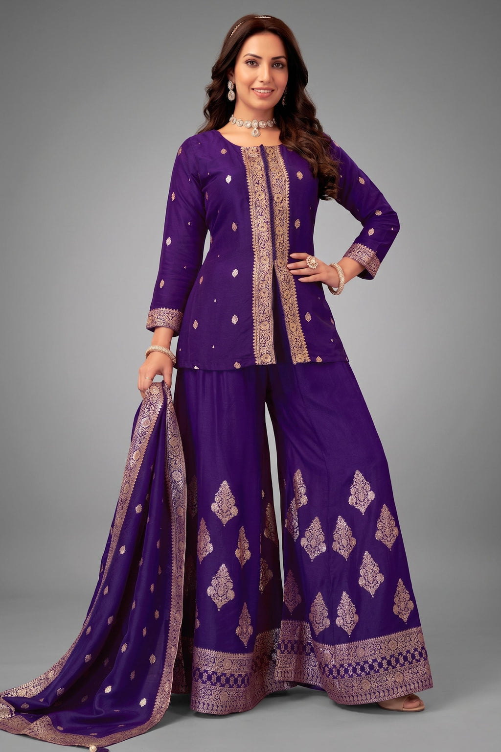 Indigo Purple Organza Woven Palazzo Suit