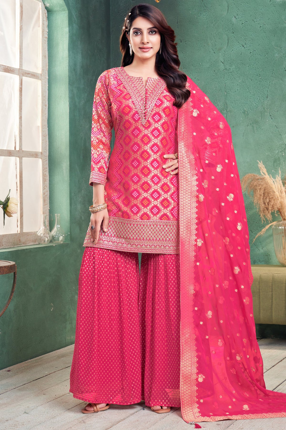 Light Pink Georgette Bandhej Woven Sharara Suit with Sequin Work