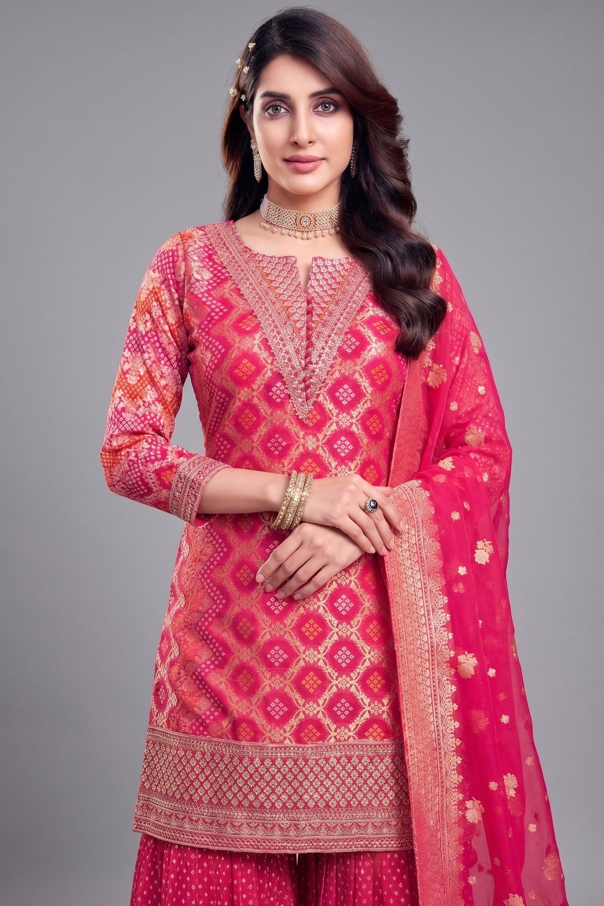 Light Pink Georgette Bandhej Woven Sharara Suit with Sequin Work