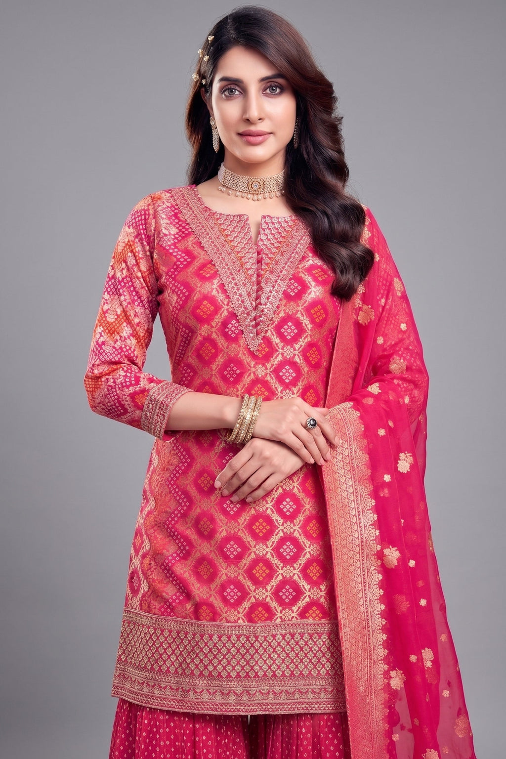 Light Pink Georgette Bandhej Woven Sharara Suit with Sequin Work