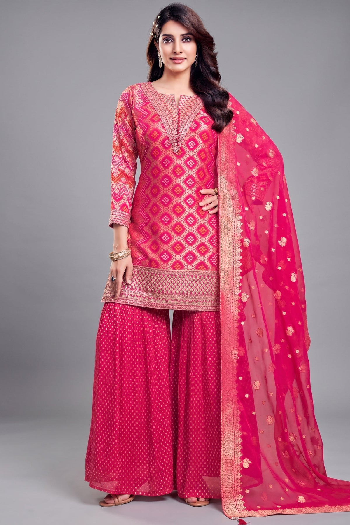 Light Pink Georgette Bandhej Woven Sharara Suit with Sequin Work