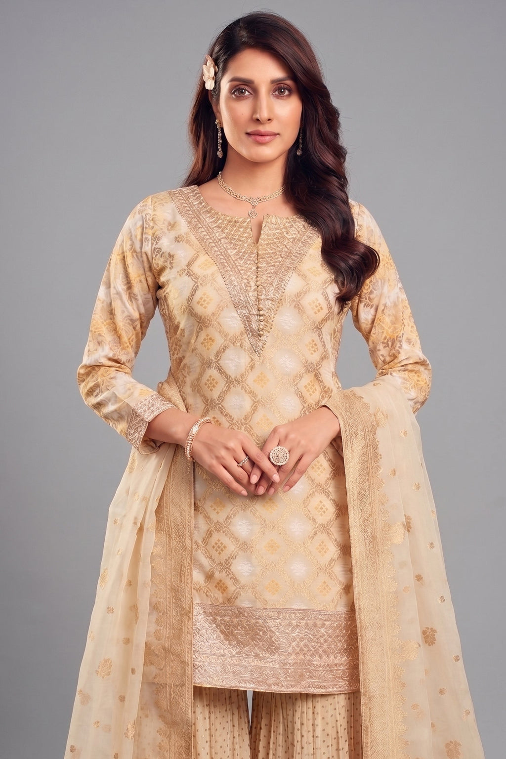 Cream Georgette Bandhej Woven Sharara Suit with Sequin Work
